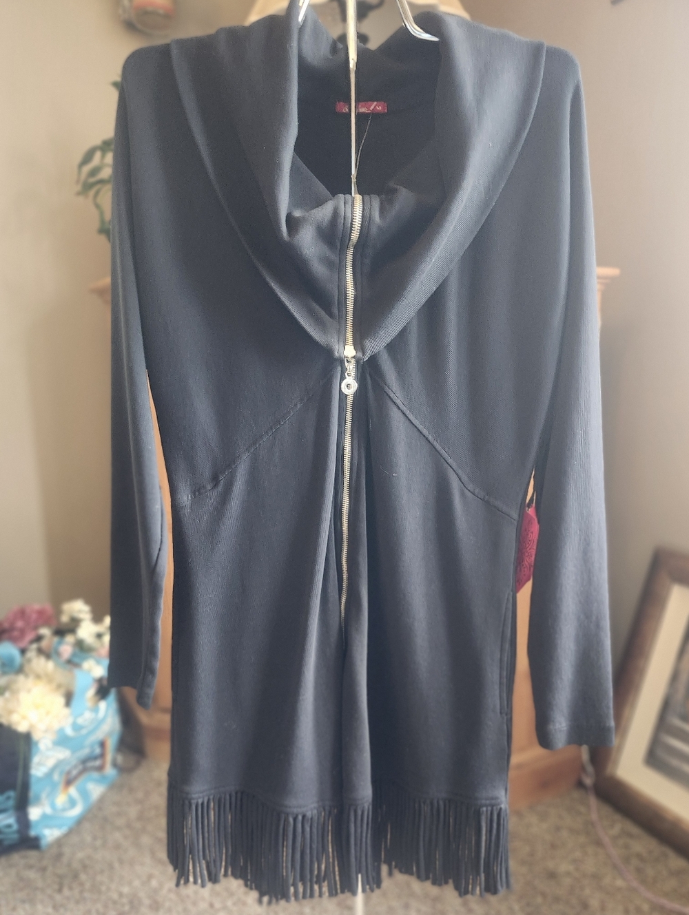 Barbara Lesser Women's Black Hooded Fringe Zip-Front Sweater